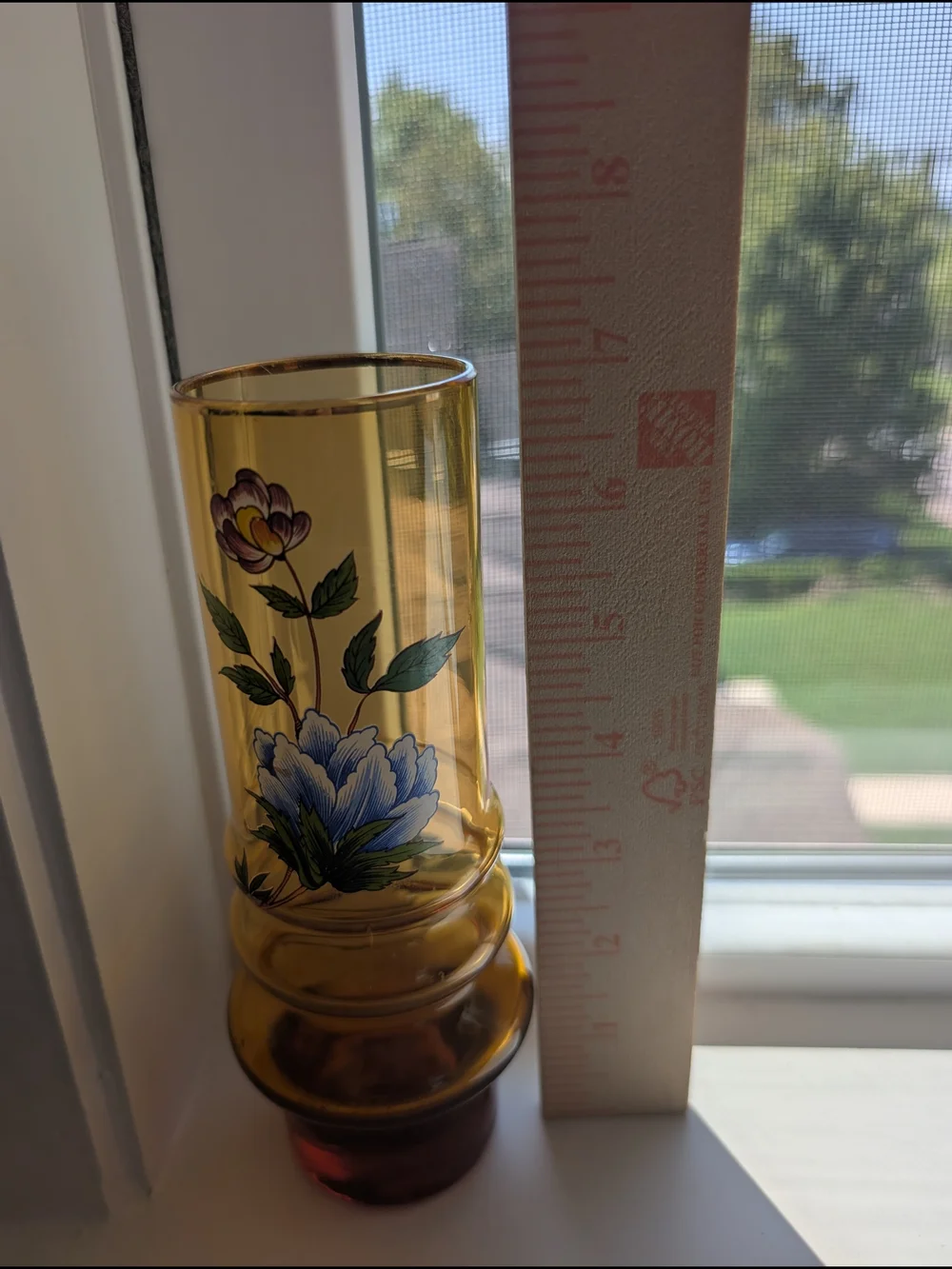 VTG Norleans Made In Italy Amber Glass Hand Painted Floral Cylinder Vase 7